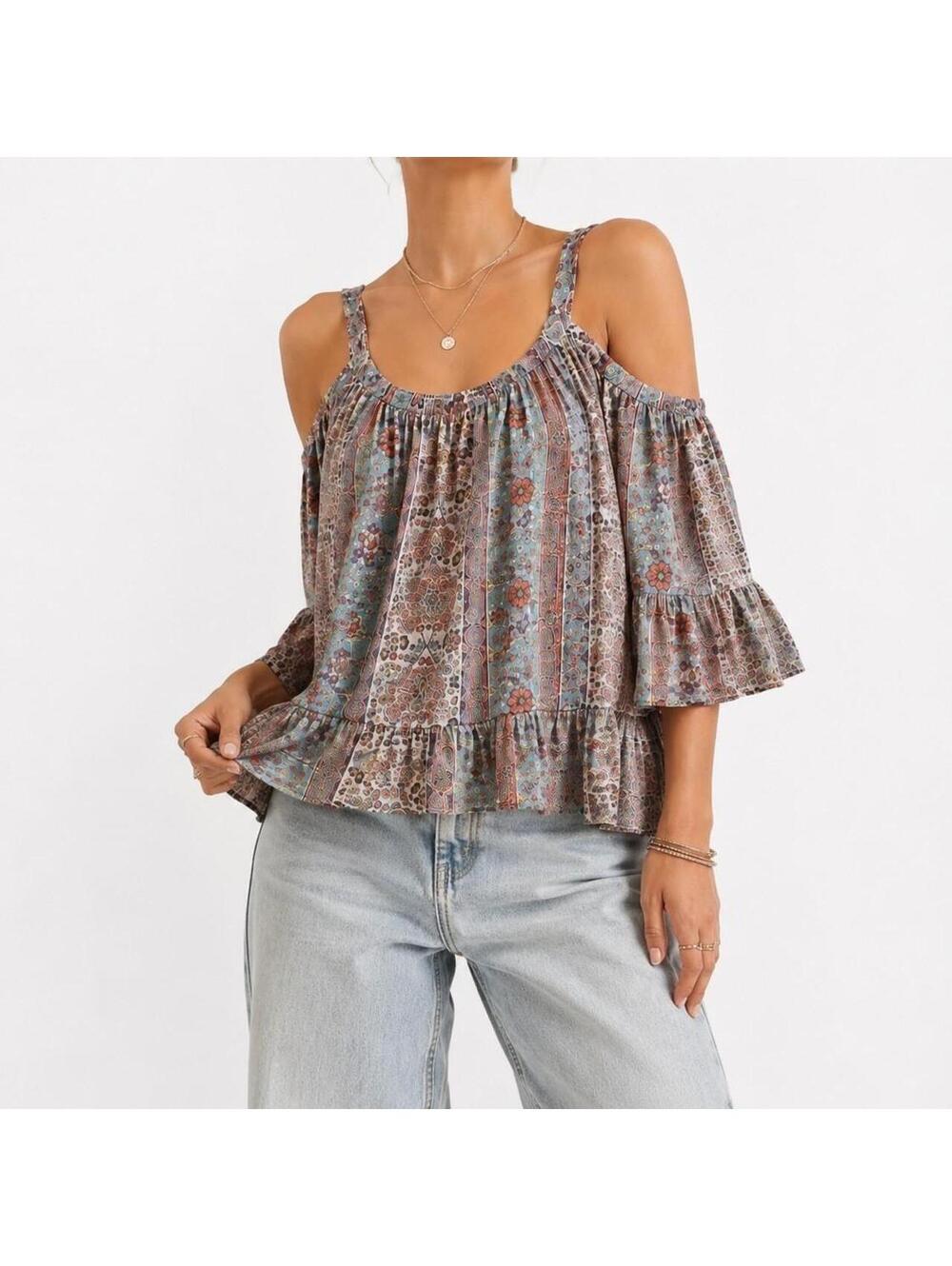 Boho Y2K Cold-Shoulder Ruffle Top